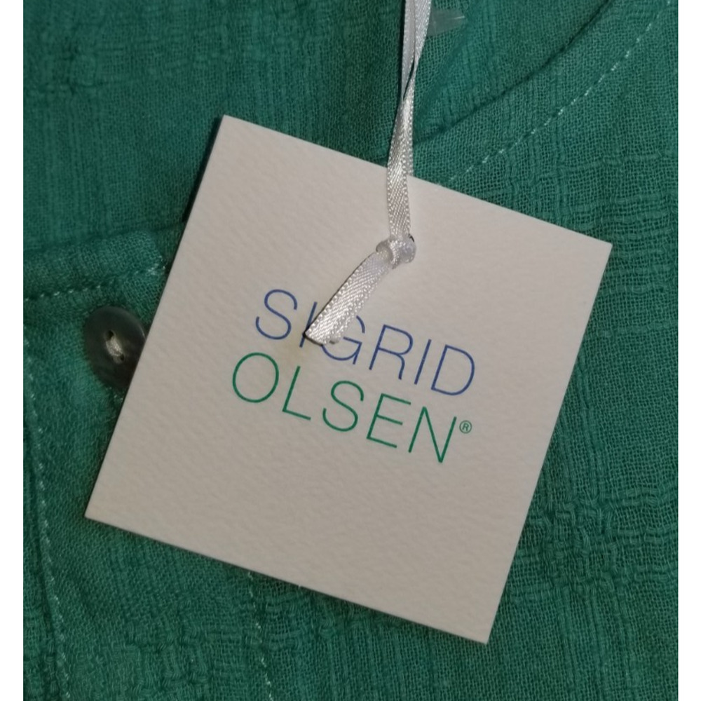 NWT Womens Top-SIGRID OLSEN-green linen blend button-up babydoll shirt-M - Picture 4 of 5